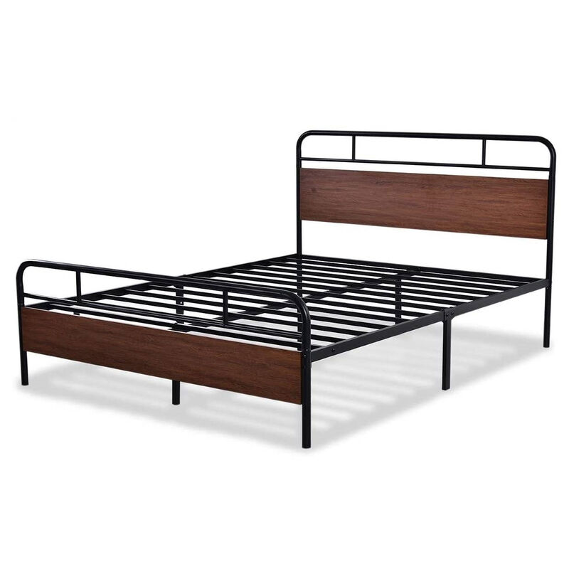 Hivvago Queen Size Industrial Metal Wood Platform Bed Frame with Headboard and Footboard