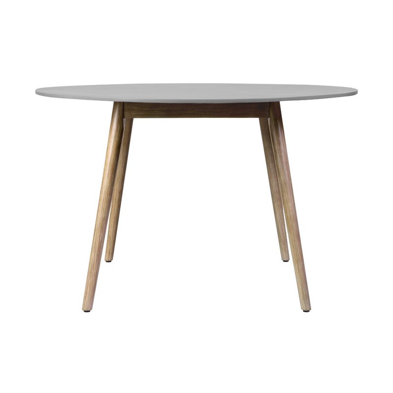 Kilo Dining Table, Brown Wood Legs, 47 Inch Round Gray Superstone Top