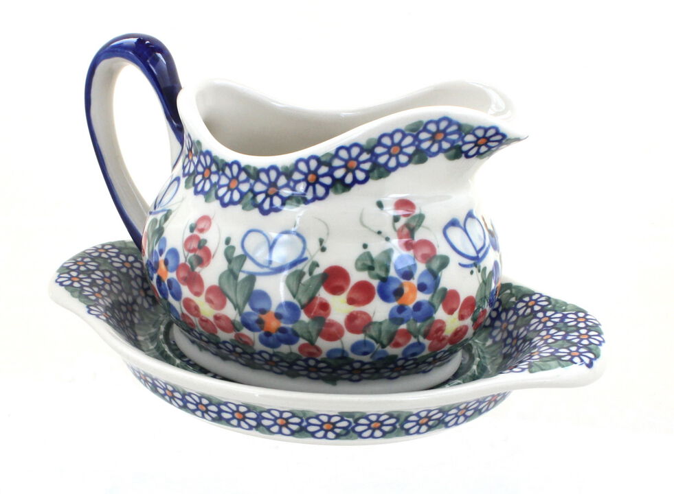 Blue Rose Polish Pottery Savannah Gravy Boat & Plate