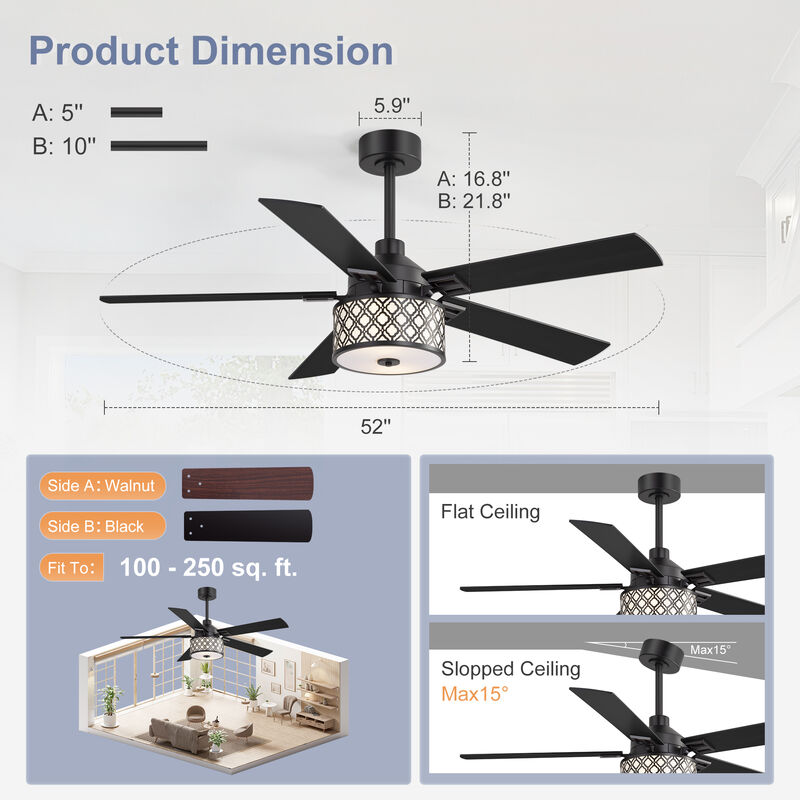 Breezary 52" Ceiling Fan with Lights, 2 E26 Bulbs Required,Remote, 6 Speeds image number 5