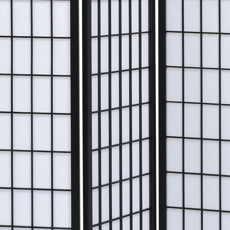 3 Panel Screen with Grid Design Wooden Frame, Black-Benzara image number 3