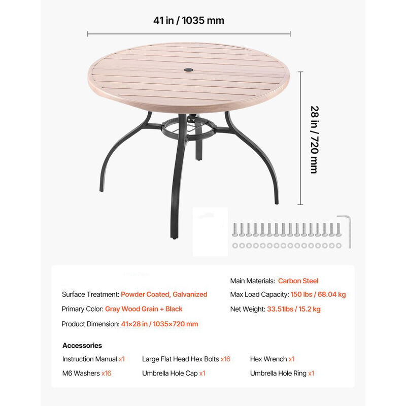 Outdoor Round Bistro Table, Wood-Look Steel Slat Patio Dining Table with Umbrella Hole image number 2