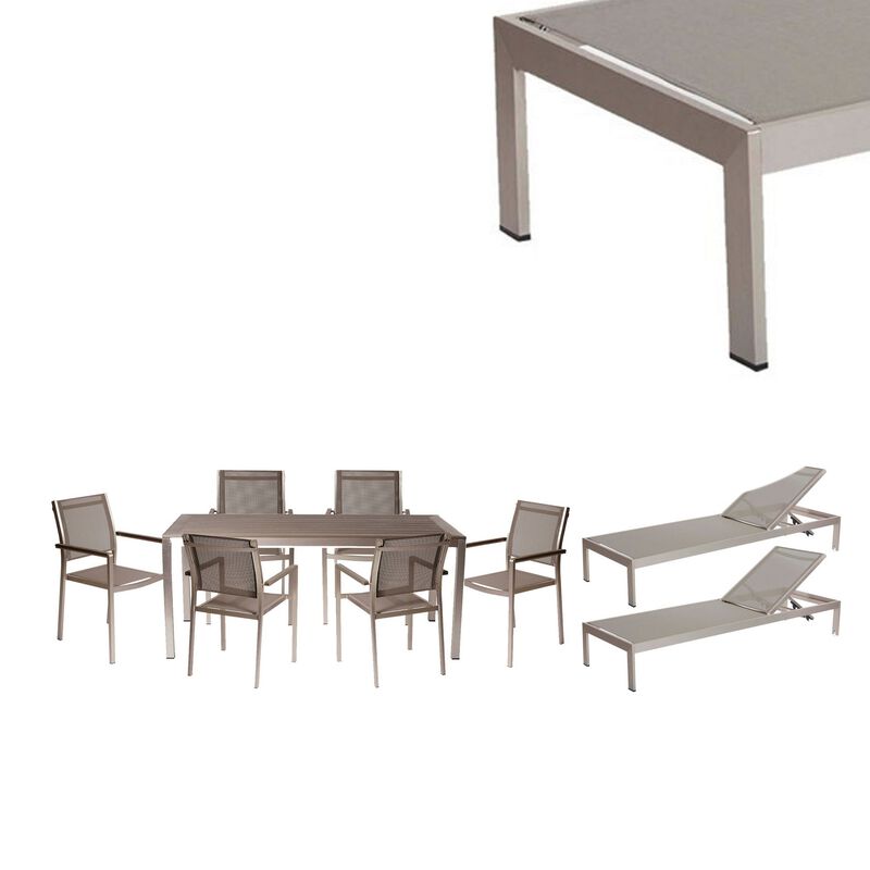 Kris 9 Piece Patio Dining and Lounge Set, Gray Textilene Seating, Aluminum - Benzara