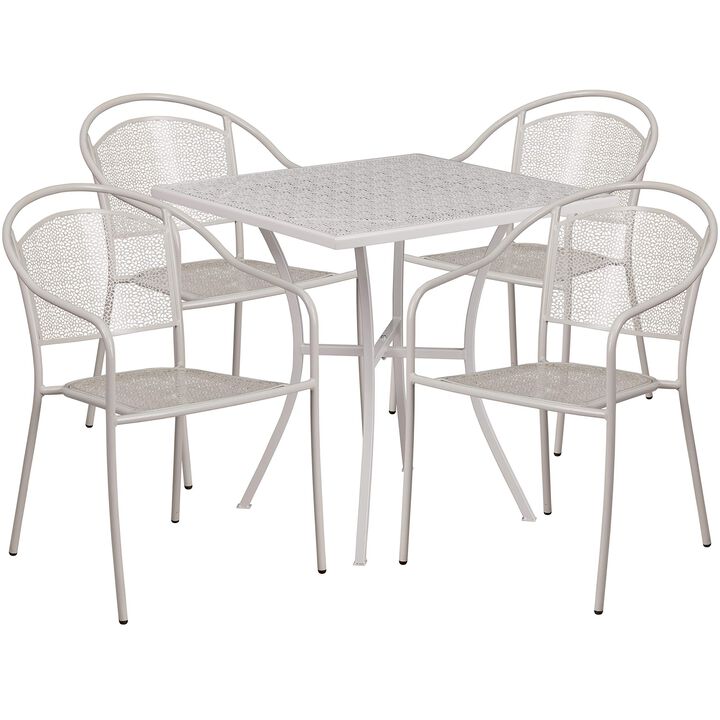 Flash Furniture Oia Commercial Grade 28" Square Light Gray Indoor-Outdoor Steel Patio Table Set with 4 Round Back Chairs