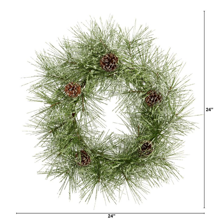 Hivvago 24" Iced Pine Artificial Wreath with Pine Cones