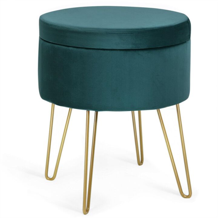 Hivvago Round Velvet Storage Ottoman Footrest Stool Vanity Chair with Metal Legs