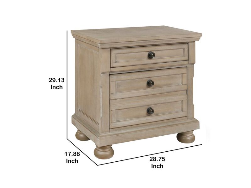 3 Drawer Wooden Nightstand with Round Knobs and Bun Feet, Weathered Brown-Benzara
