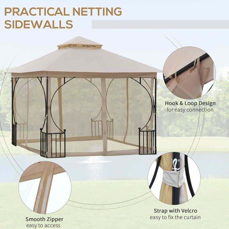 10' x 10' Patio Gazebo Canopy Outdoor Pavilion with Mesh Netting SideWalls, 2-Tier Polyester Roof, & Steel Frame image number 4