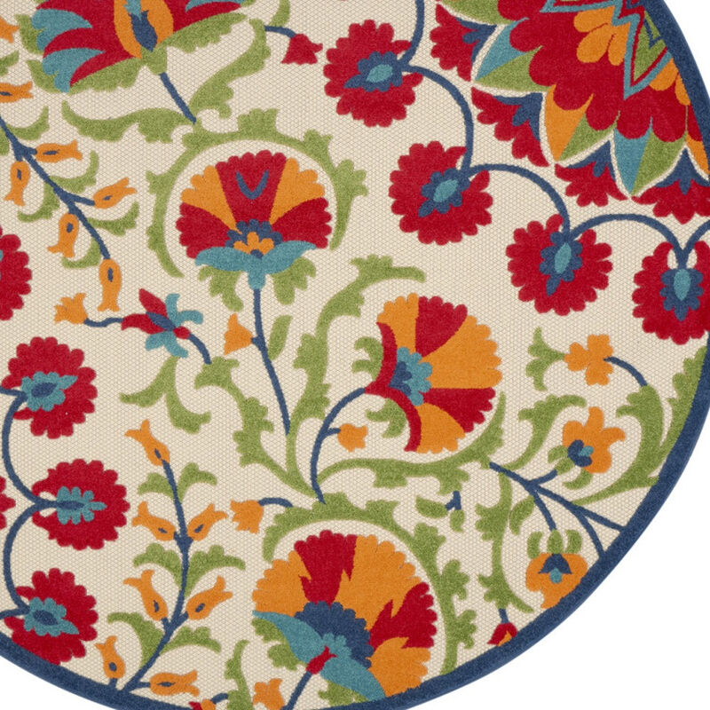 HomeRoots 8' Navy Blue Beige Green Blue And Red Round Floral Indoor Outdoor Area Rug image number 4