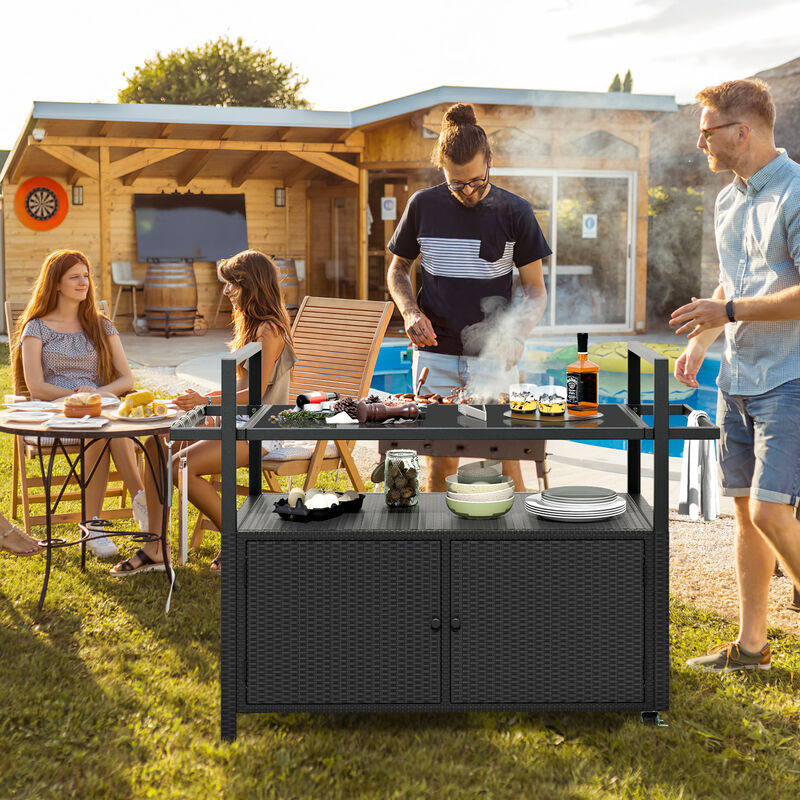 Outdoor Bar Cart Rolling Wicker Buffet Serving Cart with Tempered Glass Top Storage Cabinet