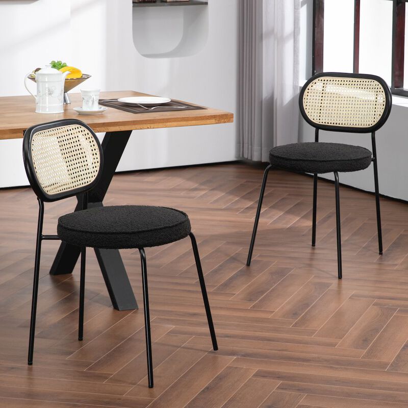 Glamour Home Set of 2 Black Boucle Fabric Dining Chair Rattan Backrest and Black Chrome Legs