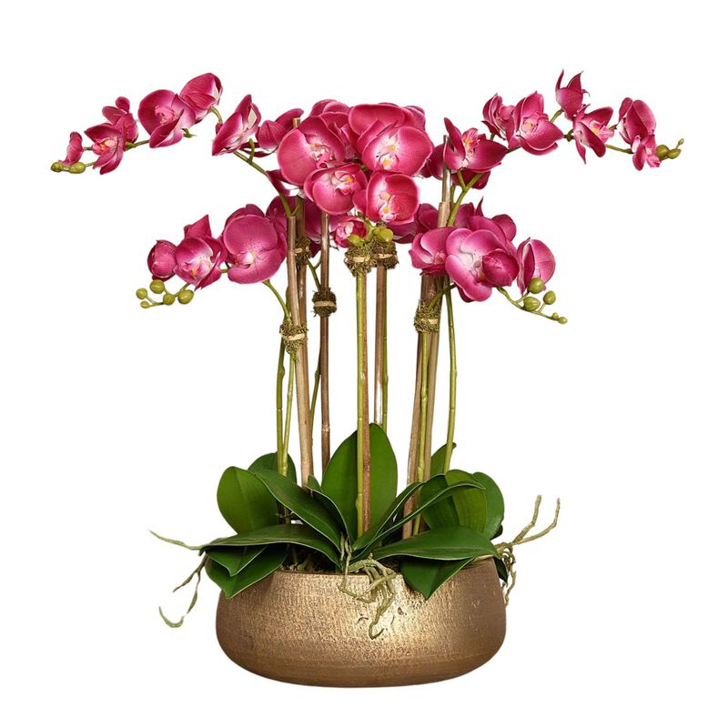 Faux pink orchid arrangement in matte gold planter