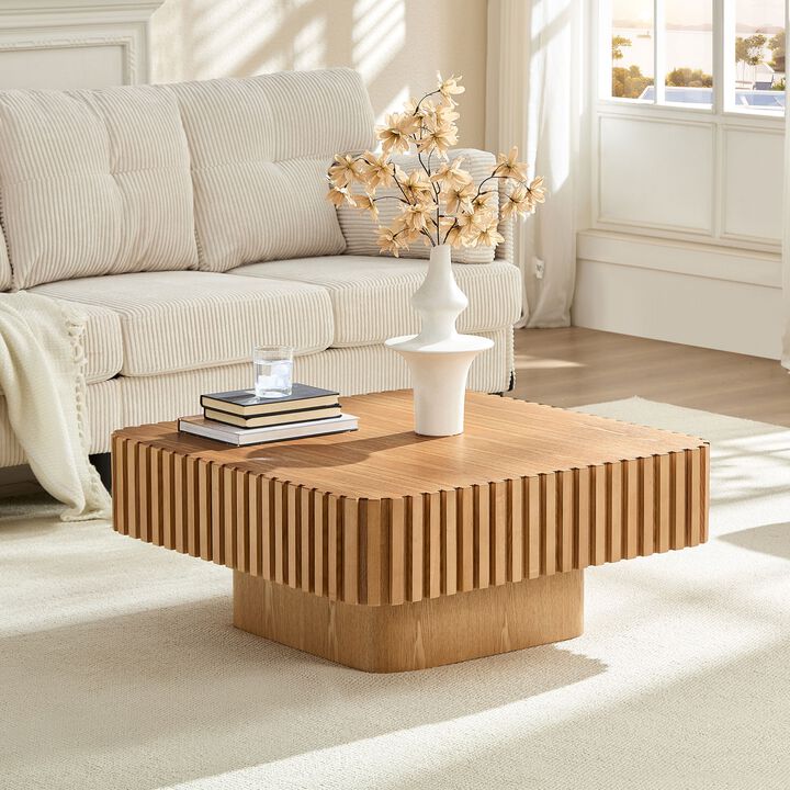 Modern 35.43 Inch Handcraft Drum Coffee Table Square Coffee Table for Living Room,Small Wooden Coffee Table with Sturdy MDF Pedesta