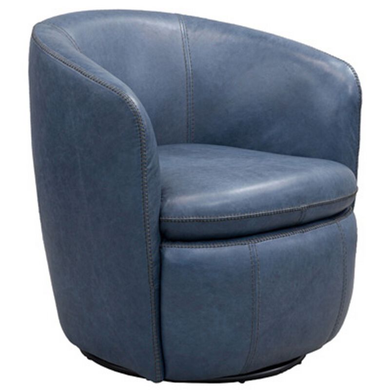 Niko Swivel Accent Chair, Round Barrel Design, Blue Top Grain Leather