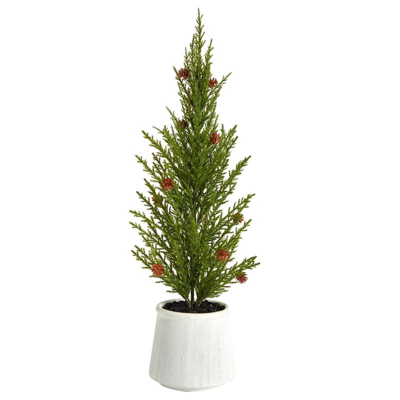 Nearly Natural 20-in Cedar Pine &ldquo;Natural Look-in Artificial Tree with Mini Pine Cones in Decorative Planter