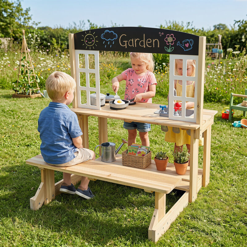 Kids Pretend Play Kitchen Set with Bench and Accessories image number 4
