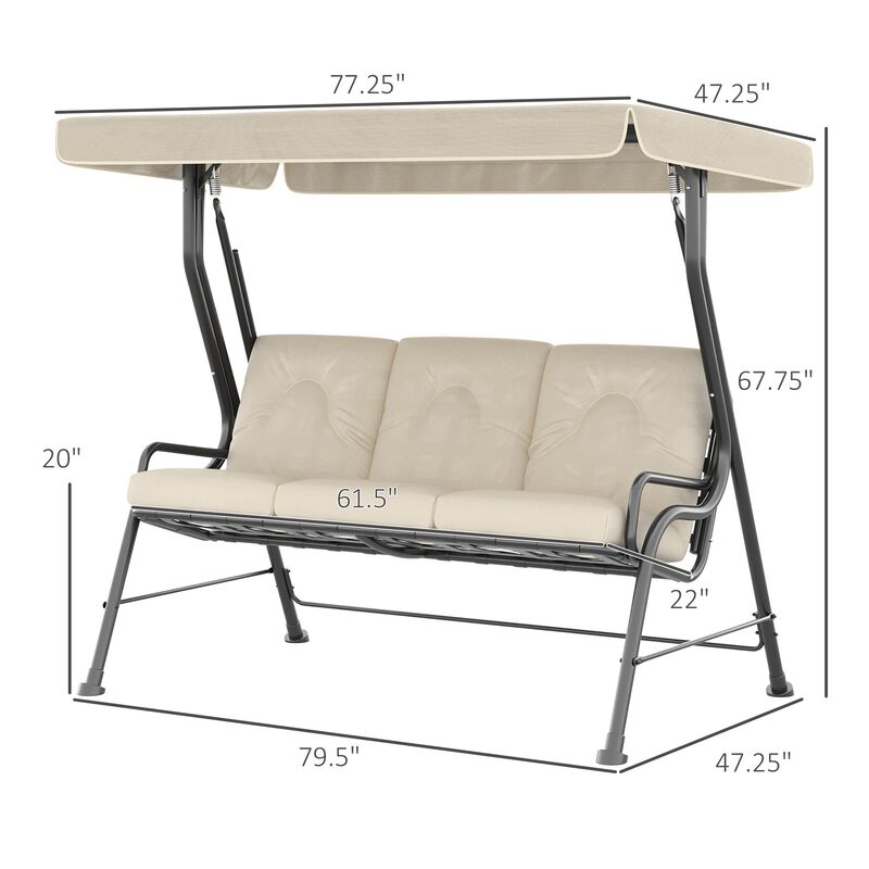3-Seat Patio Swing Chair, Outdoor Canopy Swing with Adjustable Shade, Cushion, for Porch, Garden, Poolside, Backyard, Cream White