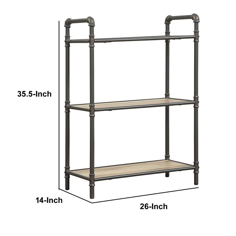 Three Tier Metal Bookshelf With Wooden Shelves, Oak Brown & Gray