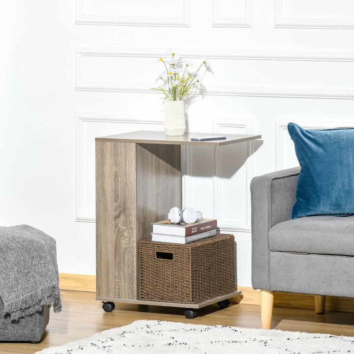 C Shape Sofa Side Table Mobile End Table with Storage and Wheels for Living Room, Bedroom, Office, Grey