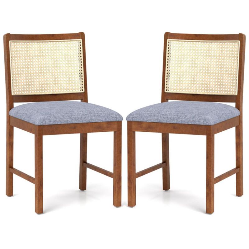 Hivvago Rattan Dining Chair Set of 2 with Rubber Wood Frame and Linen Fabric Padded Seat