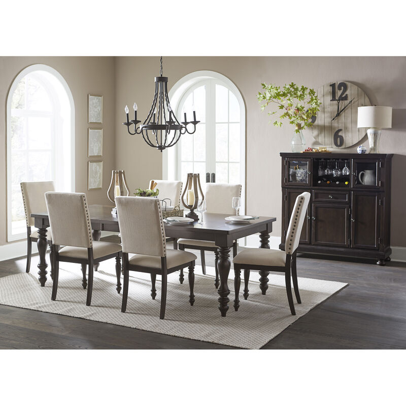 Fabric Upholstery Side Chairs 2pc Set Grayish Brown Finish Wood Frame Nailhead Trim Turned Legs Dining Furniture