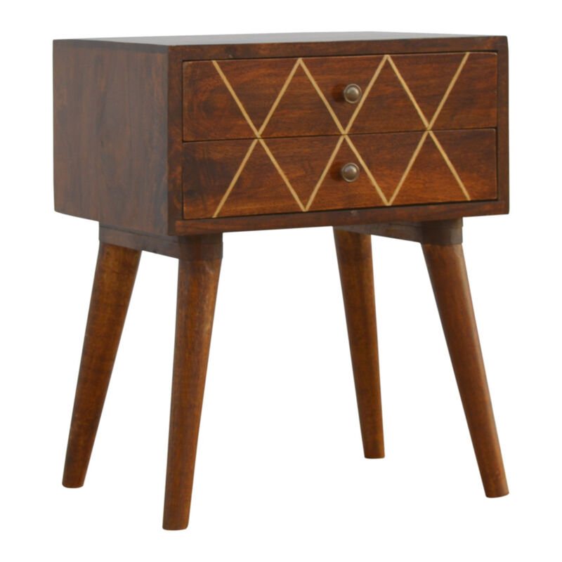HomeRoots 22" Chestnut Solid Wood Geometric Brass Inlay Two Drawer Nightstand image number 4