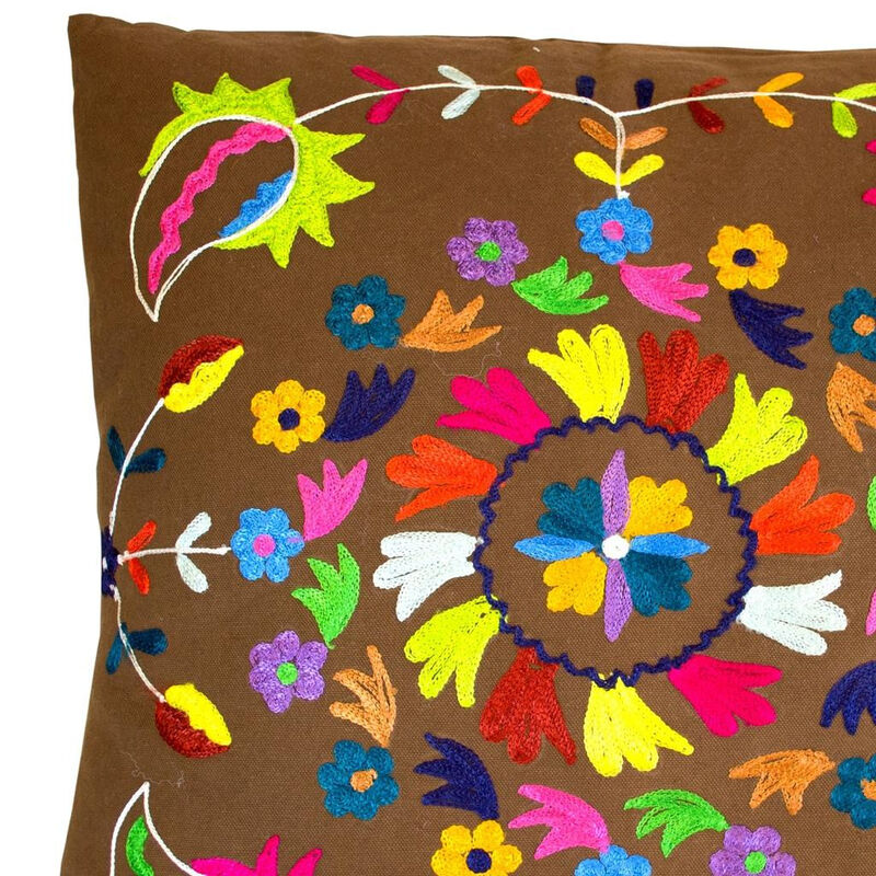HomeRoots Set of Two 20" Brown And Pink Floral Cotton Throw Pillows with Embroidery image number 2