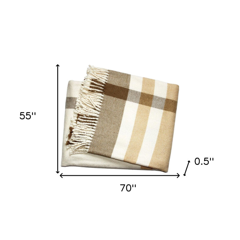 HomeRoots Plush Multi Beige Plaid Throw Blanket with Tassels image number 3