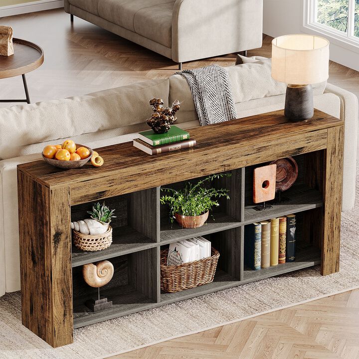 Rustic Wood Sofa Table, Console Table with 6 Storage Cubes for Entryway