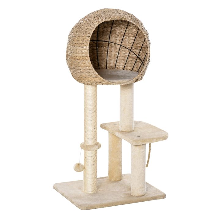 Modern Cat Tree with Sisal Scratching Post Condo and Hanging Rope 44.5"H, Beige