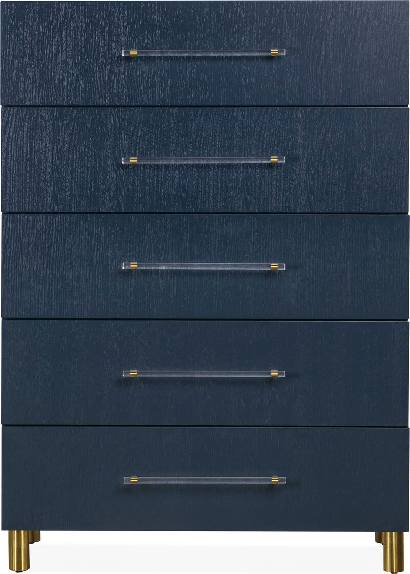 Argento Five Drawer Chest in Navy Blue and Burnished Brass