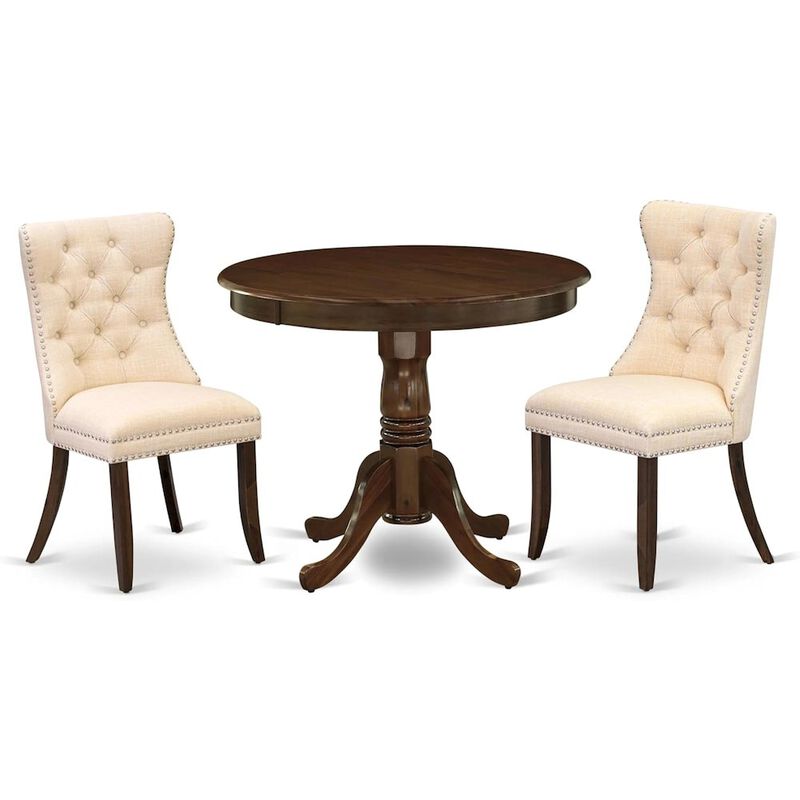 East West Furniture ANDA3-AWA-32 3 Piece Modern Dining Set Consists of a Round Kitchen Table with Pedestal and 2 Padded Chairs, 36x36 Inch, Antique Walnut
