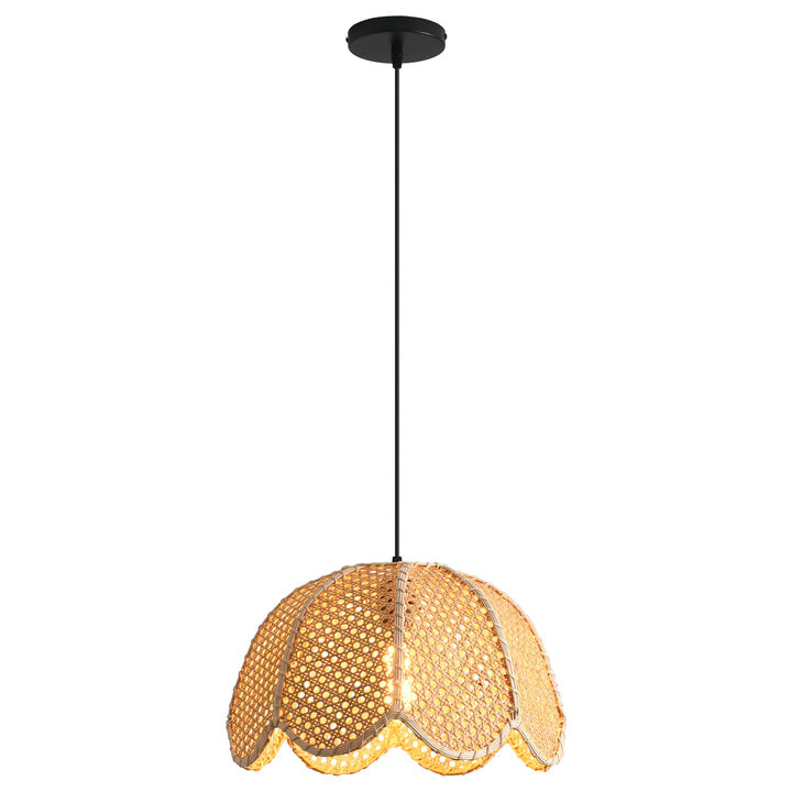 15.8" Bohemian Light Brown Handwoven Rattan Flower Shaped Pendant Light for Living Room, Dining Room and Kitchen Island