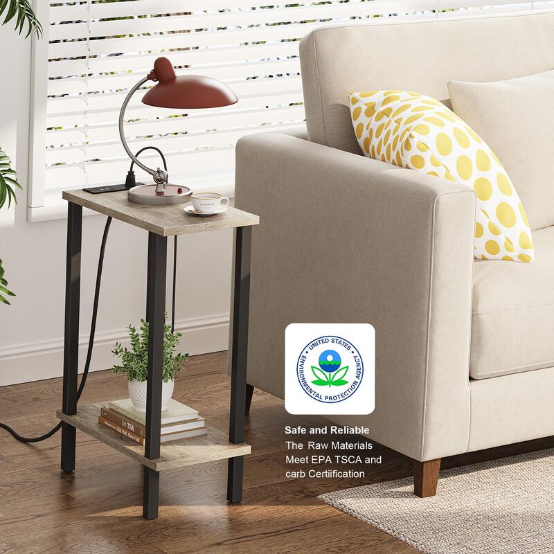 TUTOTAK Small End Table with Charging Station, Narrow Side Table with USB Ports and Outlets, Set of 2, Skinny Sofa Table, Slim N