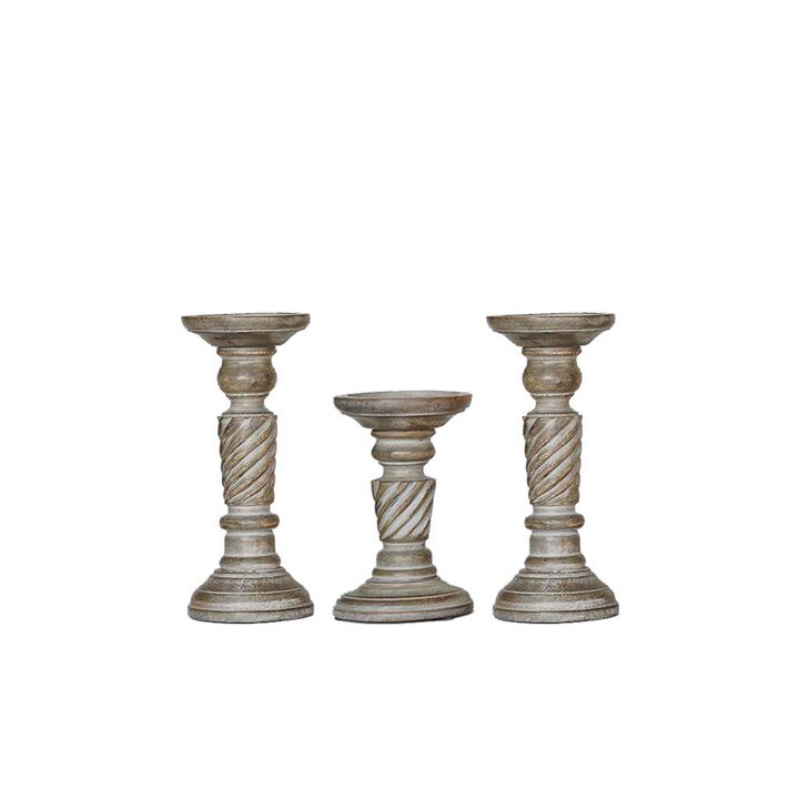 Traditional Gray Wash Eco-friendly Handmade Mango Wood Set Of Three 9",6" & 9" Pillar Candle Holder BBH Homes