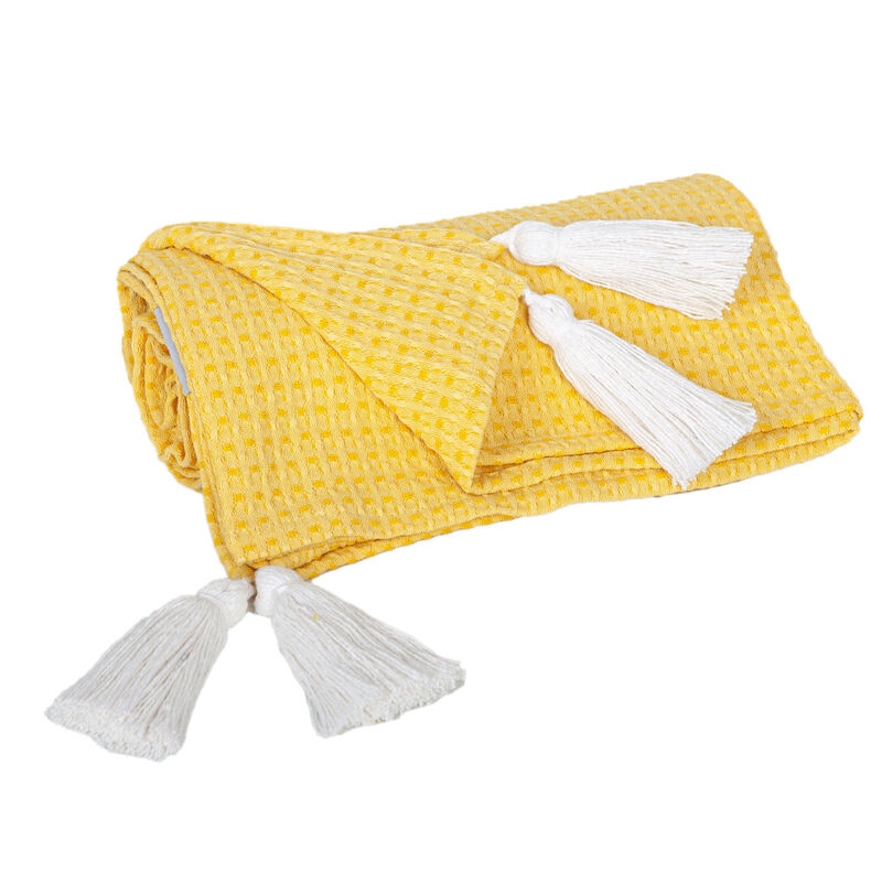 HomeRoots 50" X 60" Yellow Woven Cotton Throw Blanket with Tassels image number 0