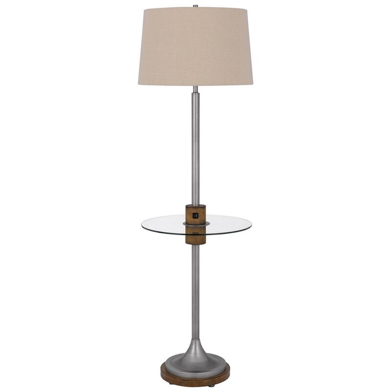 61 Inch Modern Floor Lamp, Glass Tray Table, 1 USB Port, Antique Silver-Benzara