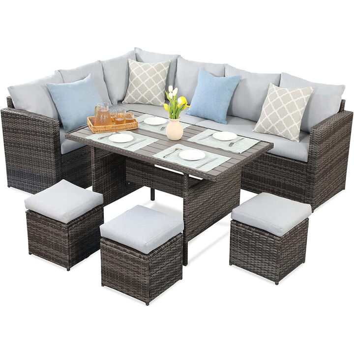 7Pieces PE Rattan Wicker Patio Dining Sectional Cusions Sofa Set with Grey cushions