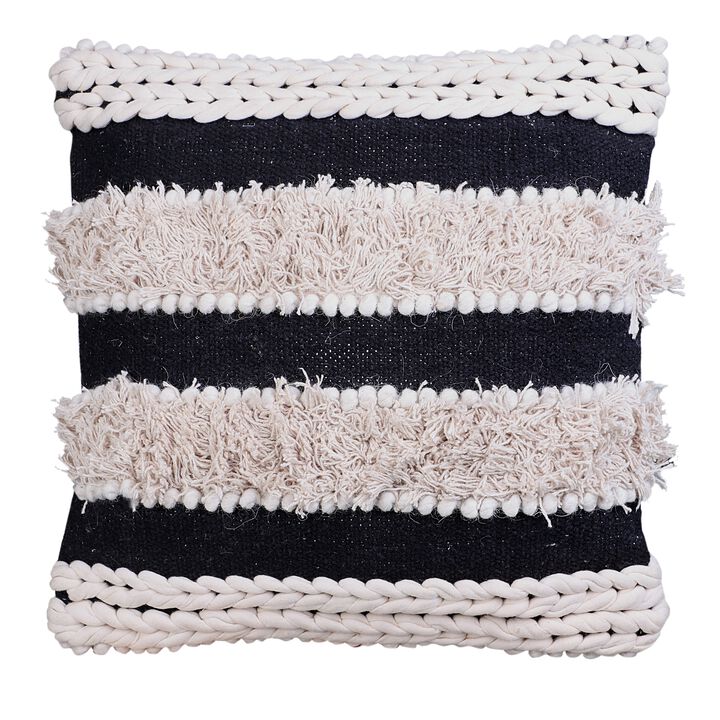 Adiv 18 x 18 Handcrafted Soft Shaggy Cotton Accent Throw Pillow, Handknit Yarn, White, Black- Benzara