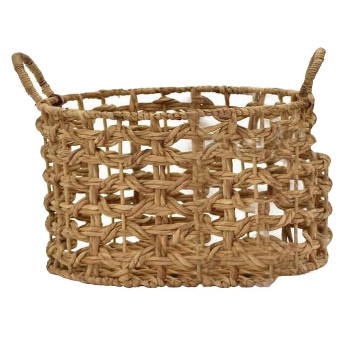 Set of 3 Storage Baskets, Curved Handles, Woven Rope Natural Fiber, Brown - Benzara