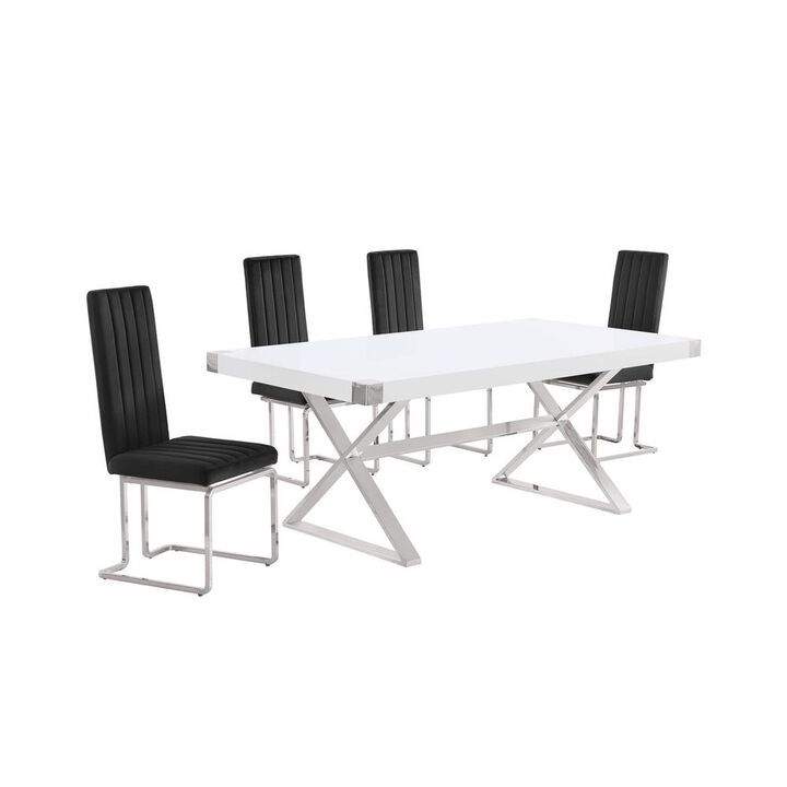 Best Quality Furniture 5pc Small(78) white wood top dining set with silver base and 4 chairs