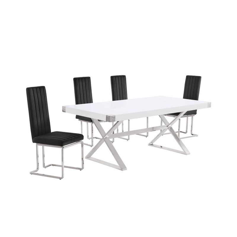 Best Quality Furniture 5pc Small(78) white wood top dining set with silver base and 4 chairs