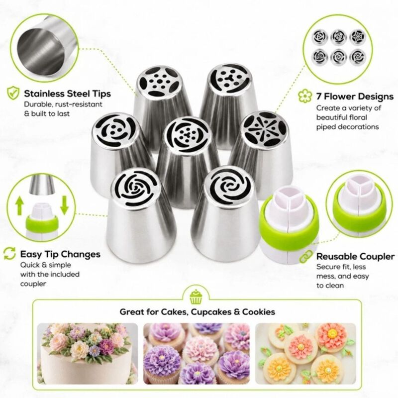 Pack of 7 Russian Flower Piping Tips with Coupler image number 1