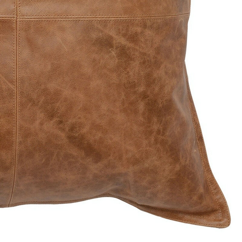 Square Leatherette Throw Pillow with Stitched Details, Brown - Benzara