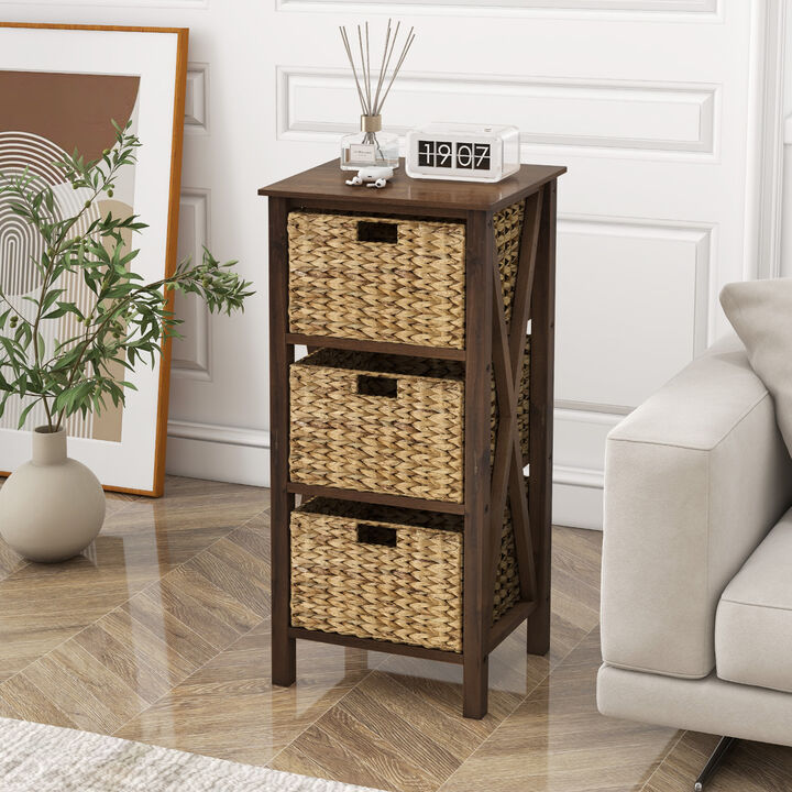Nightstand with 2/3 Seagrass Baskets Narrow X-Design-4 Tier