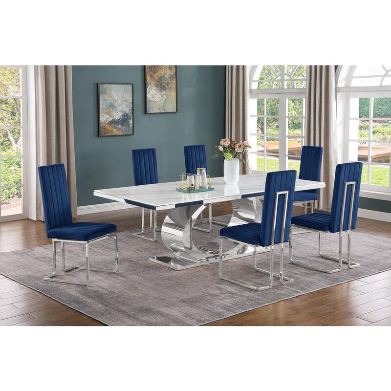 Best Quality Furniture 7pc Large(87) marble top dining set with silver base and 6 Navy blue chairs image number 2