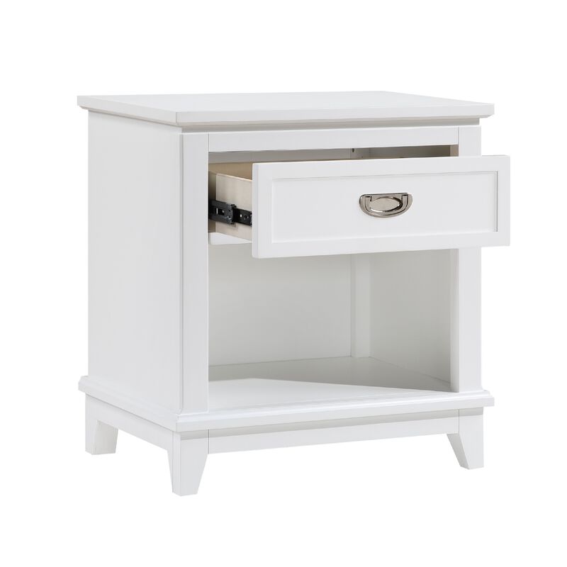 Sely Nightstand, 1 Drawer w Open Cubby, White Wood, Ring Handle image number 4