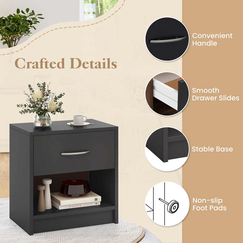 Bedside Table Nightstand with Drawer and Open Storage Shelf