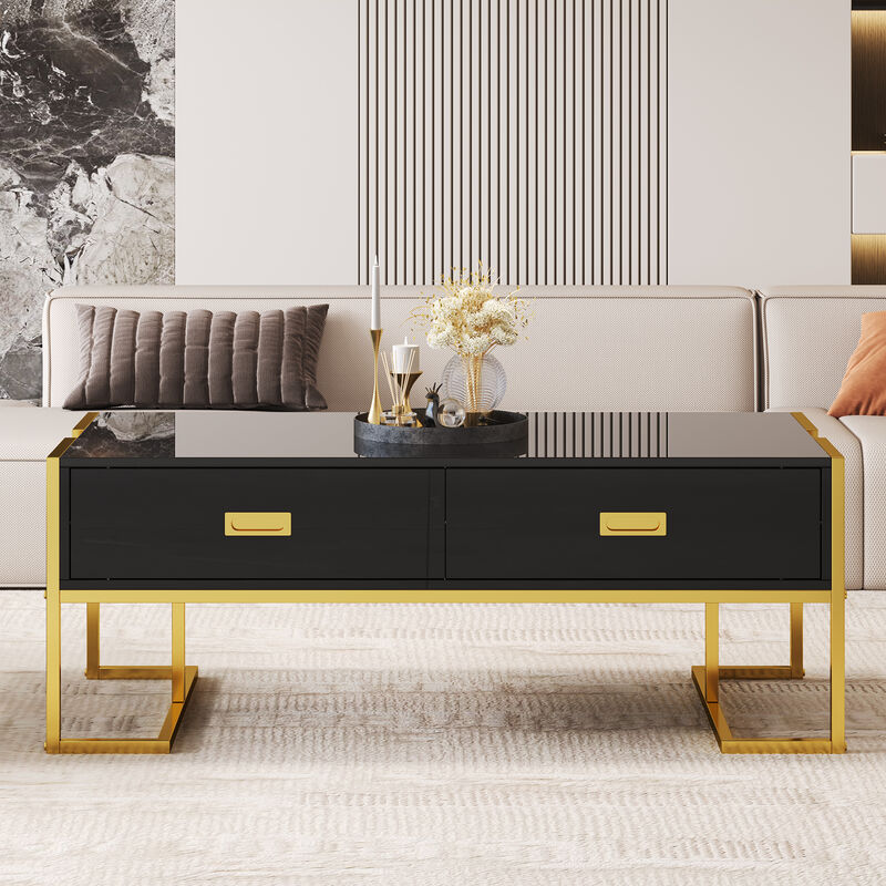 Merax Modern White Rectangular Coffee Table with 4 Drawers and Gold