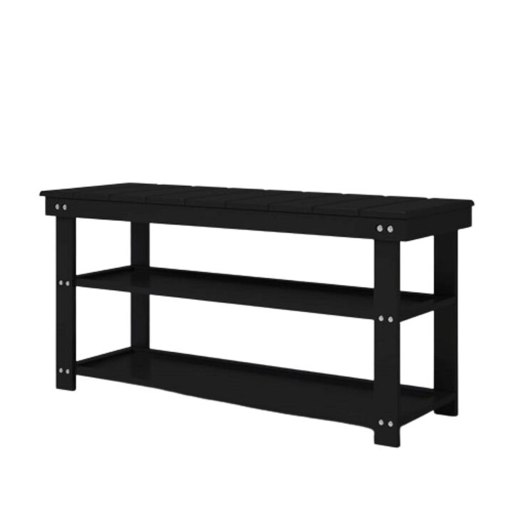 QuikFurn Black Wooden 2-Shelf Shoe Rack Storage Bench for Entryway or Closet